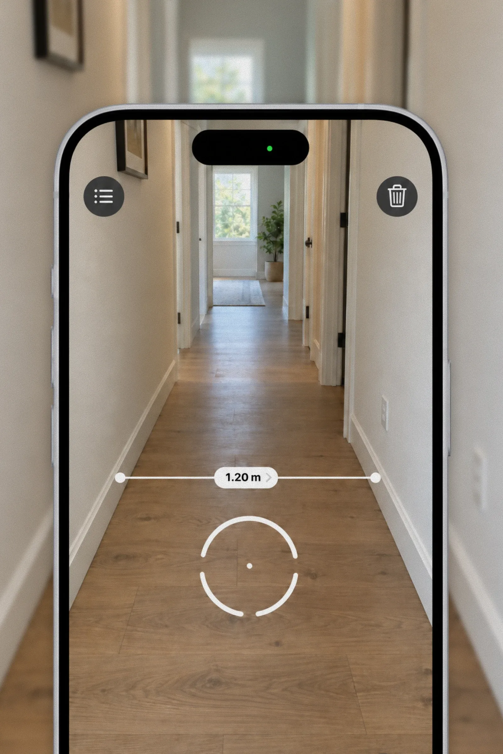 A phone AR measuring app reading a hallway width of 1.20 metres