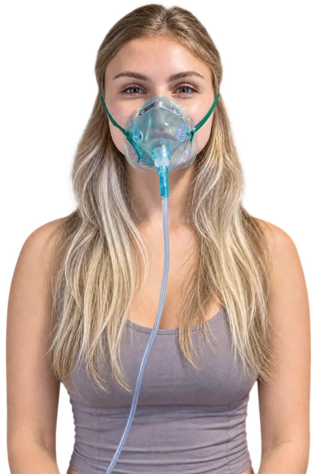 Woman breathing through an oxygen mask inside a hyperbaric chamber