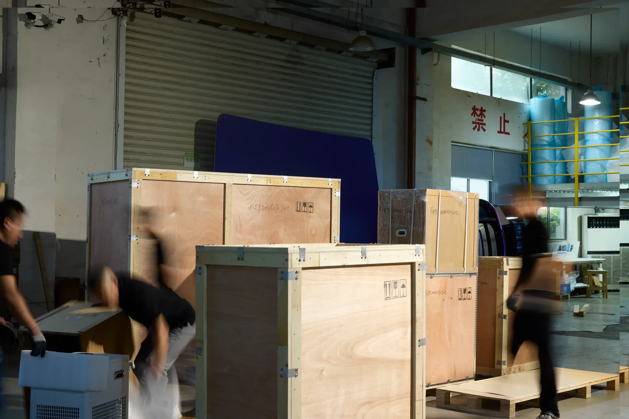 Superhuman chambers crated for dispatch on the factory floor