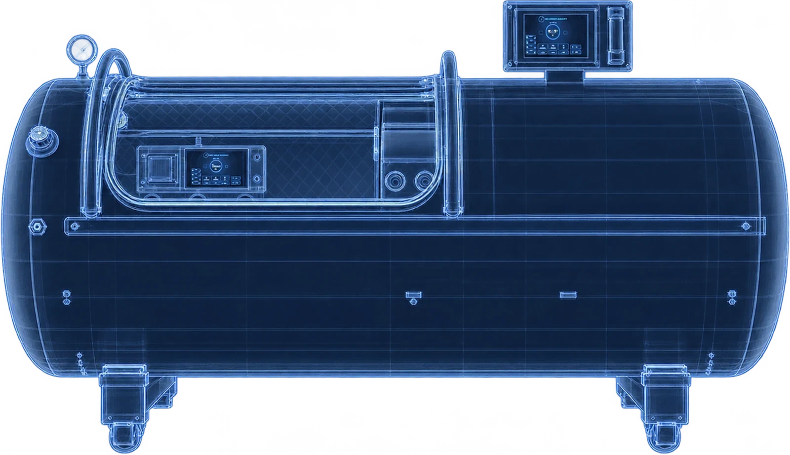 X-ray line drawing of the Superhuman L1 from the side, the viewport and control panel on the left, the control screen on top