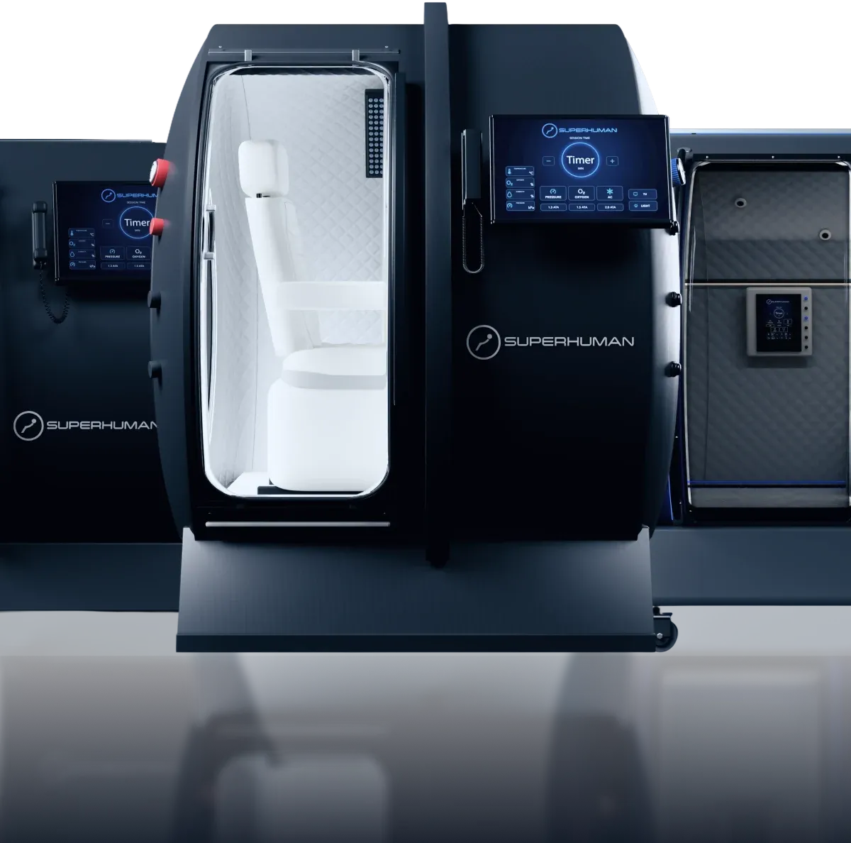 Superhuman hard-shell chambers side by side, the seated X open in front