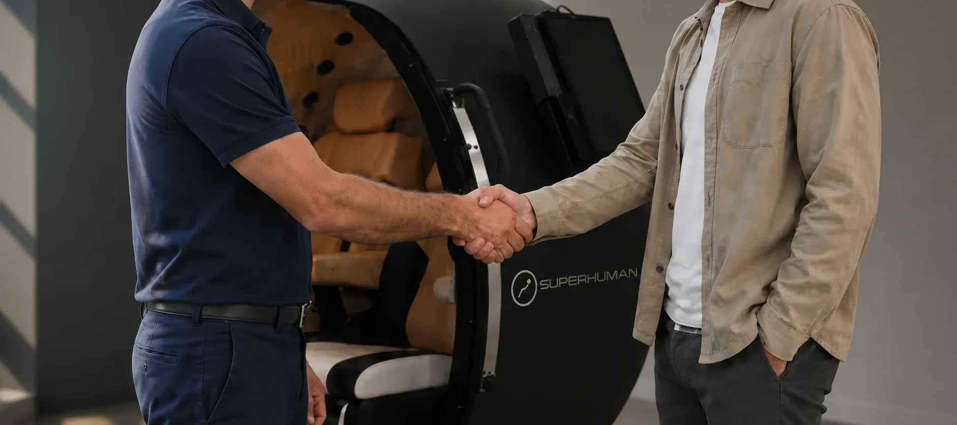 A Superhuman specialist shaking hands with an owner in front of their chamber
