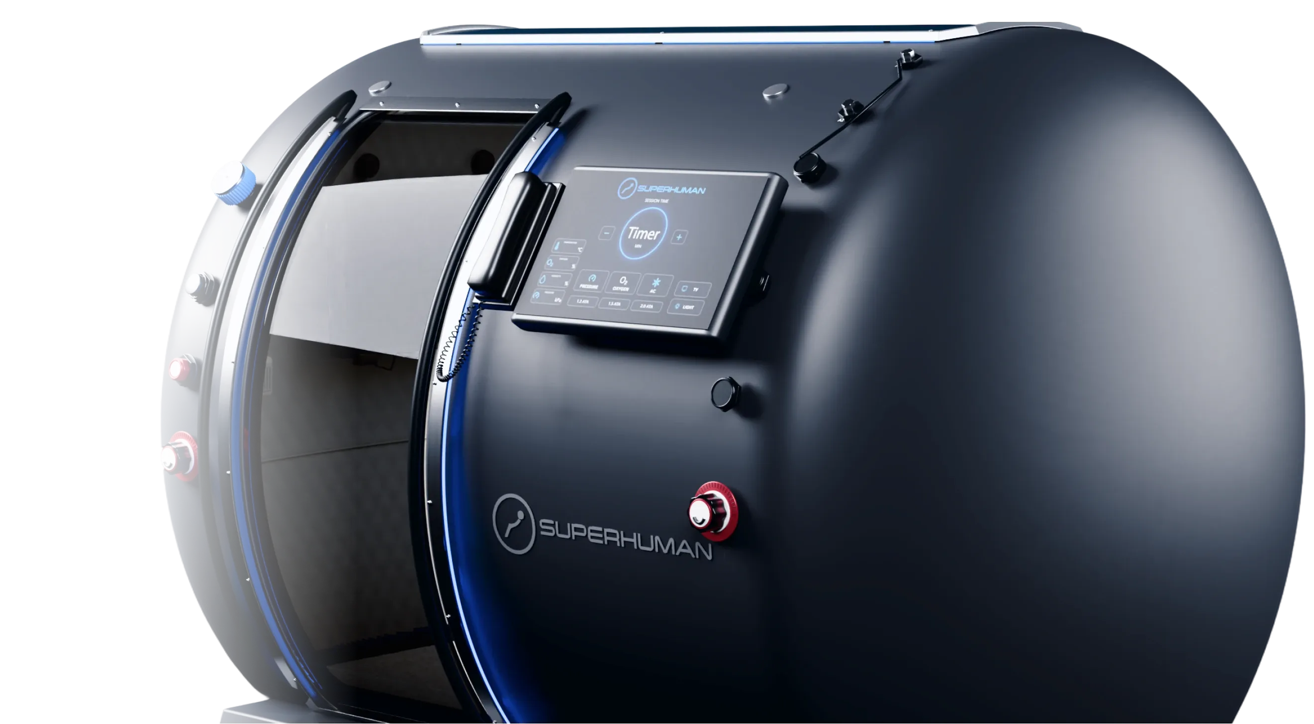 The Superhuman T2 from a low angle, door open, its control screen lit