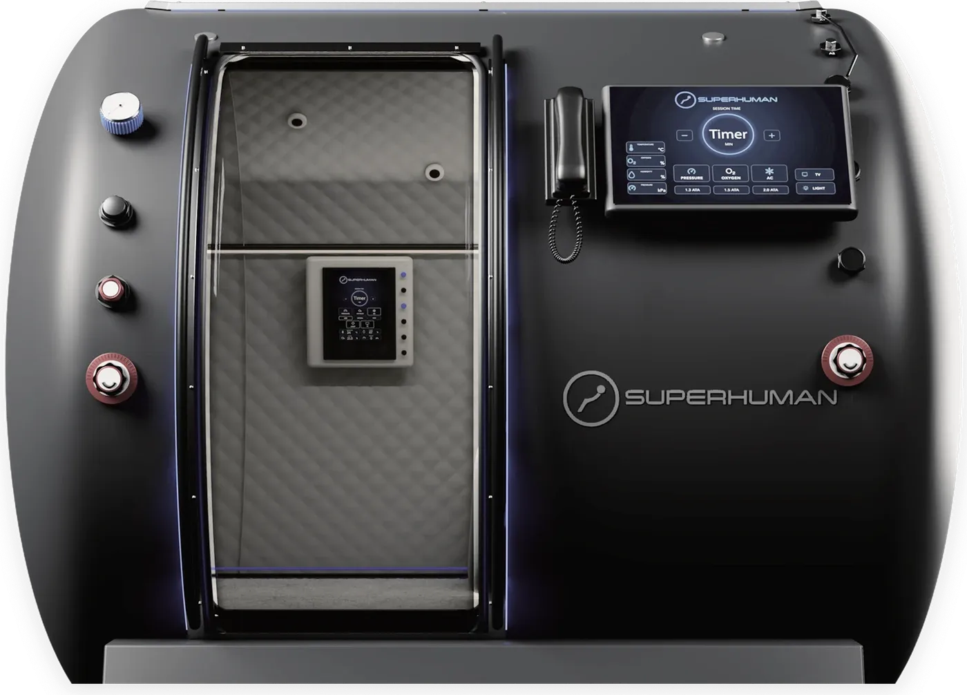 The Superhuman T2 from the front, walk-in door on the left, control screen beside it