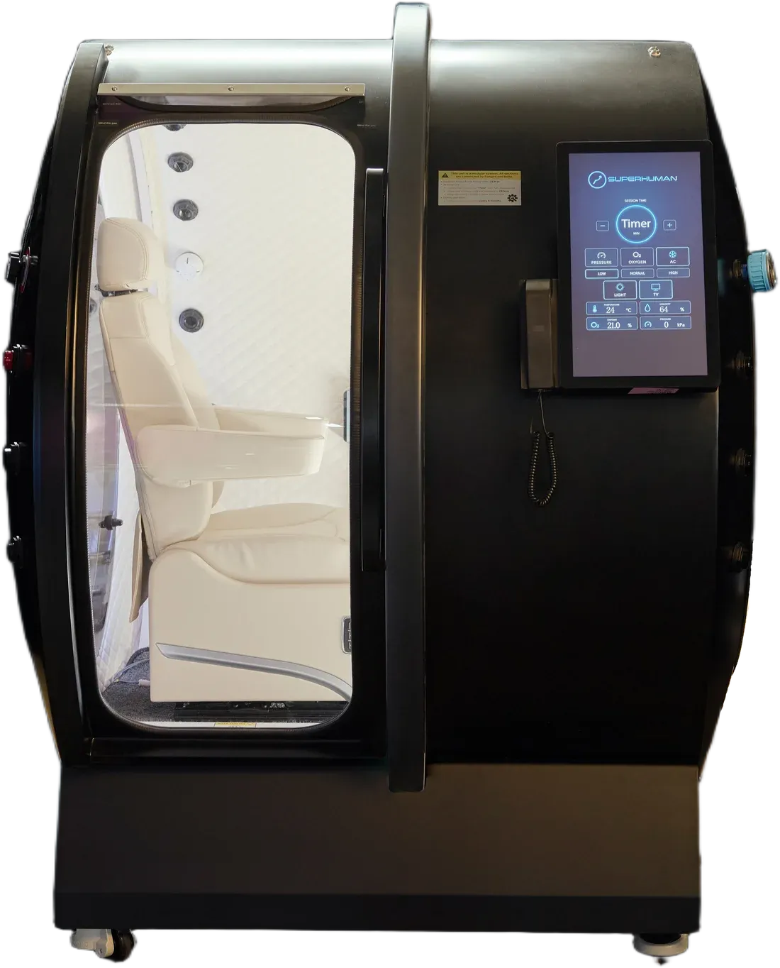The Superhuman X from the front, door open on the cream seat, control screen beside it