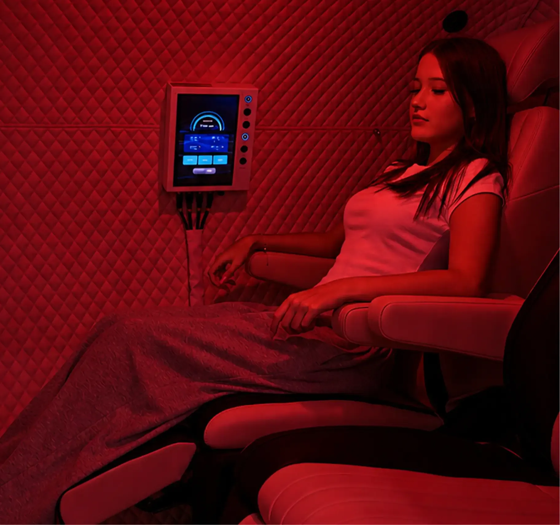 Guest relaxing in a reclined seat inside the T2