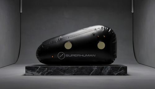 Superhuman S1 soft-shell hyperbaric chamber on marble pedestal