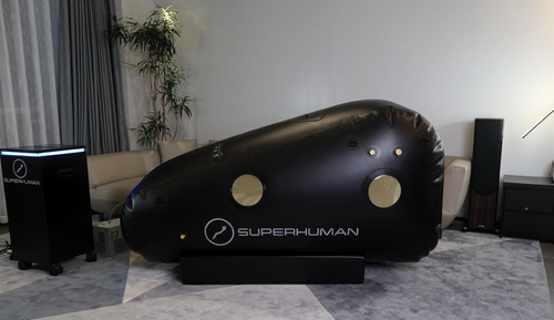 Superhuman S1 hyperbaric chamber in a modern living room