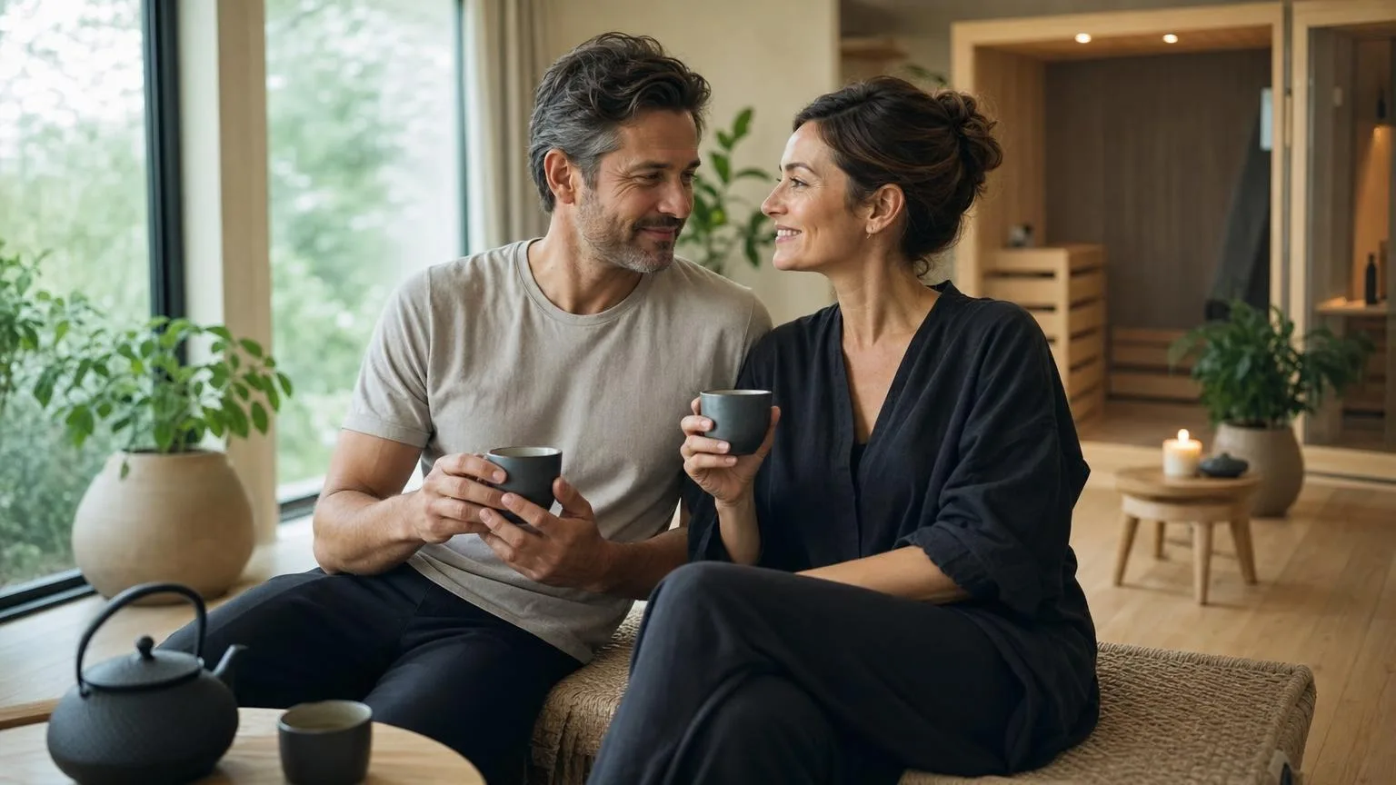 Couple in their mid-40s sharing tea in a bright home wellness room with garden view