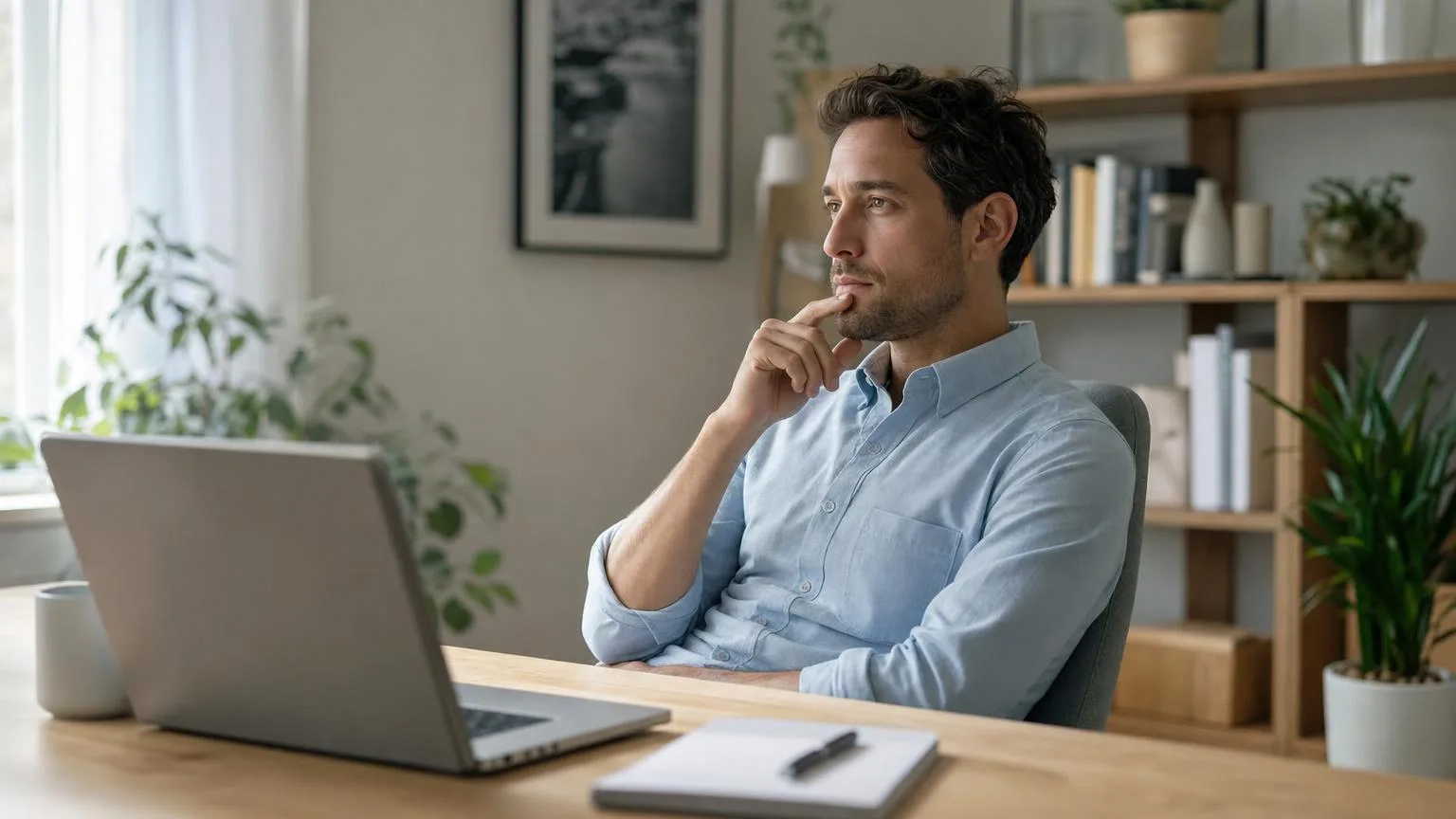 Man researching hyperbaric chamber options on a laptop at a bright home office desk