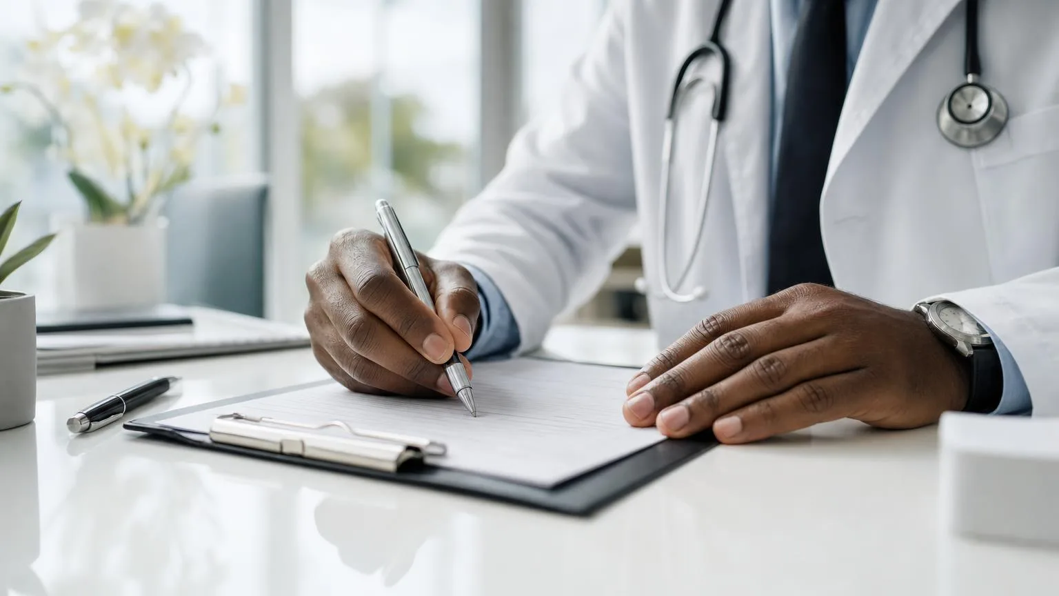 Physician in a white coat signing a form on a clipboard at a bright clinic desk, a stethoscope around the neck