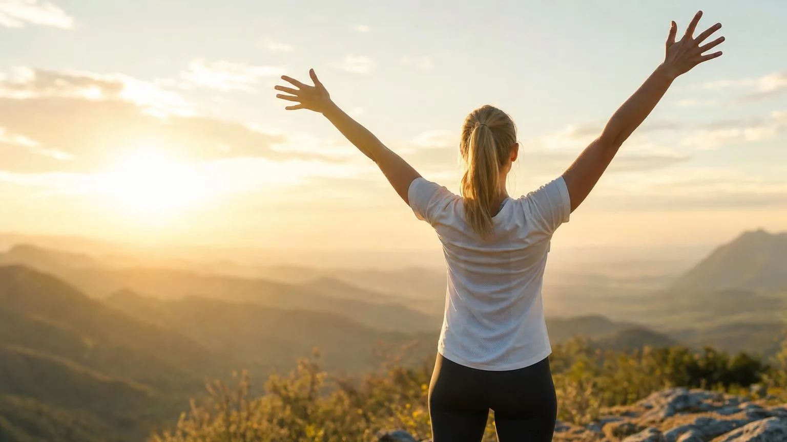 Woman standing on a hilltop at sunrise with arms raised toward an open sky, full of energy and vitality