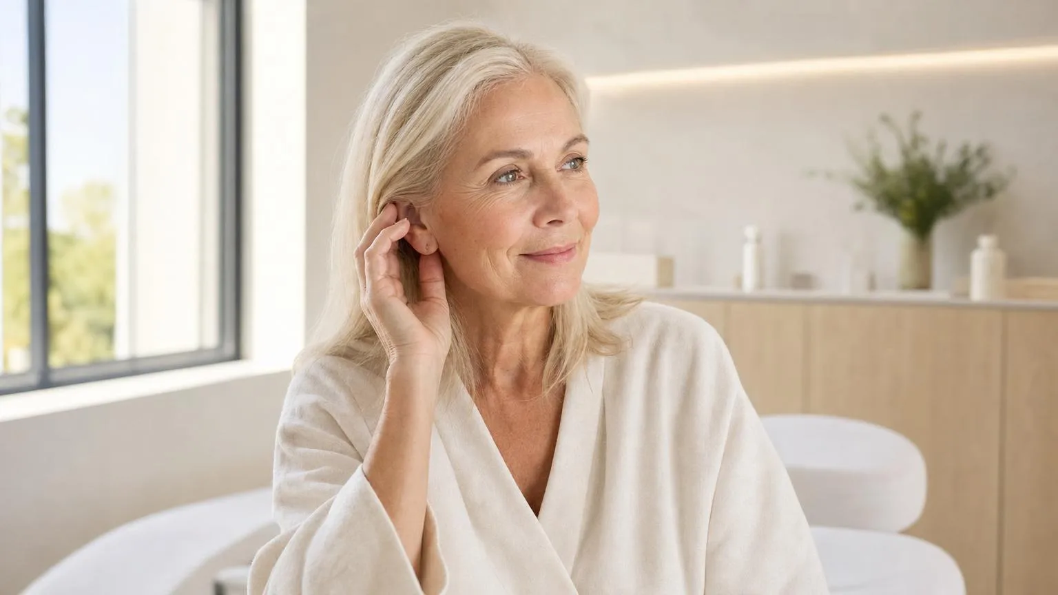 Serene mature woman touching her ear beside a sunlit window in a calm minimalist wellness clinic