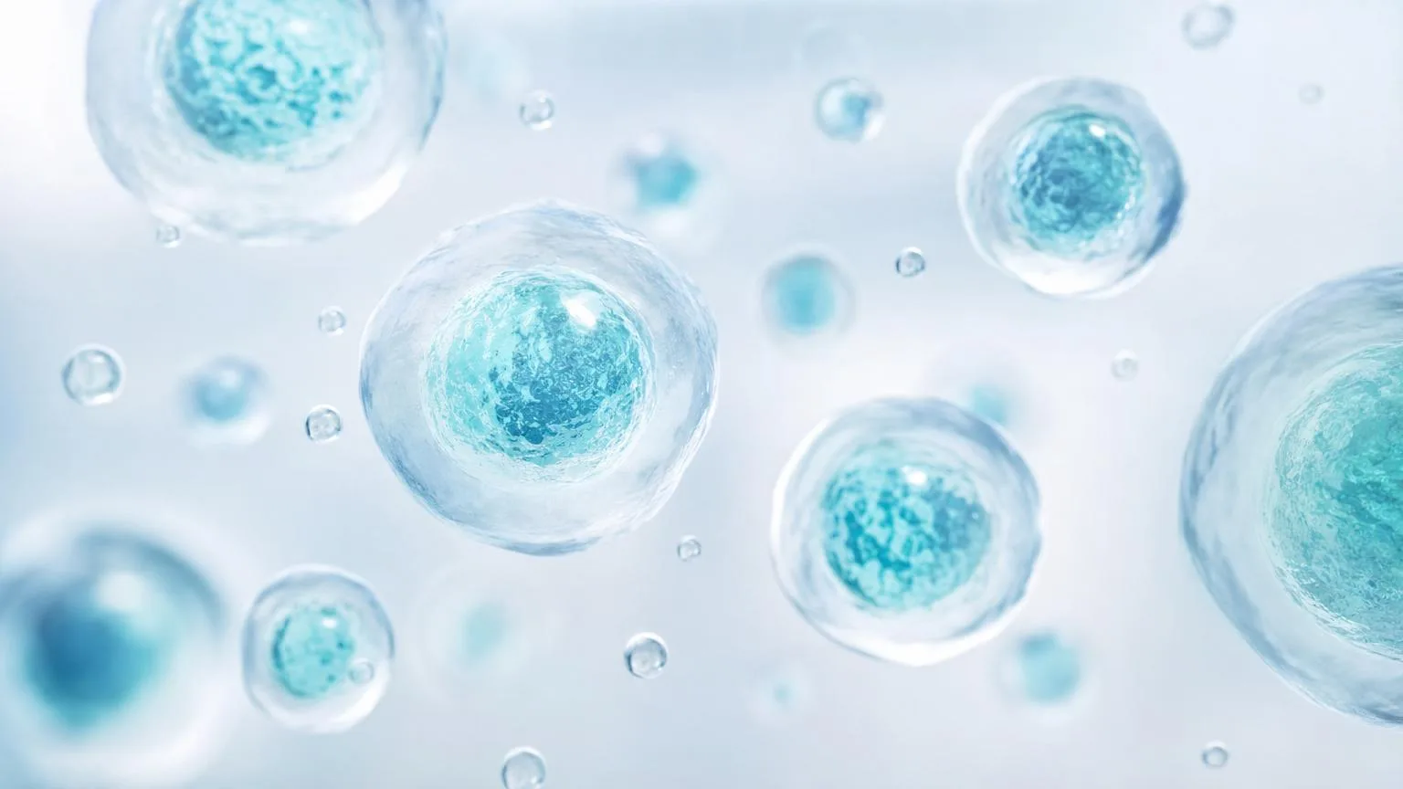 Abstract macro of translucent blue and teal cells and oxygen bubbles on a soft, bright background