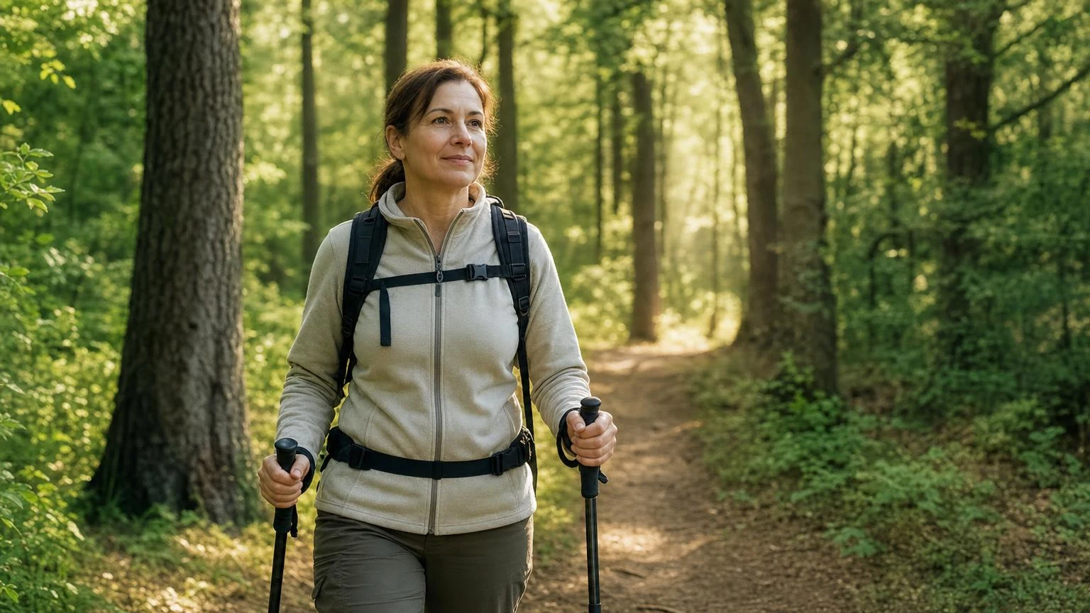 Woman with hiking poles and a backpack walking along a sunlit forest trail in the early morning