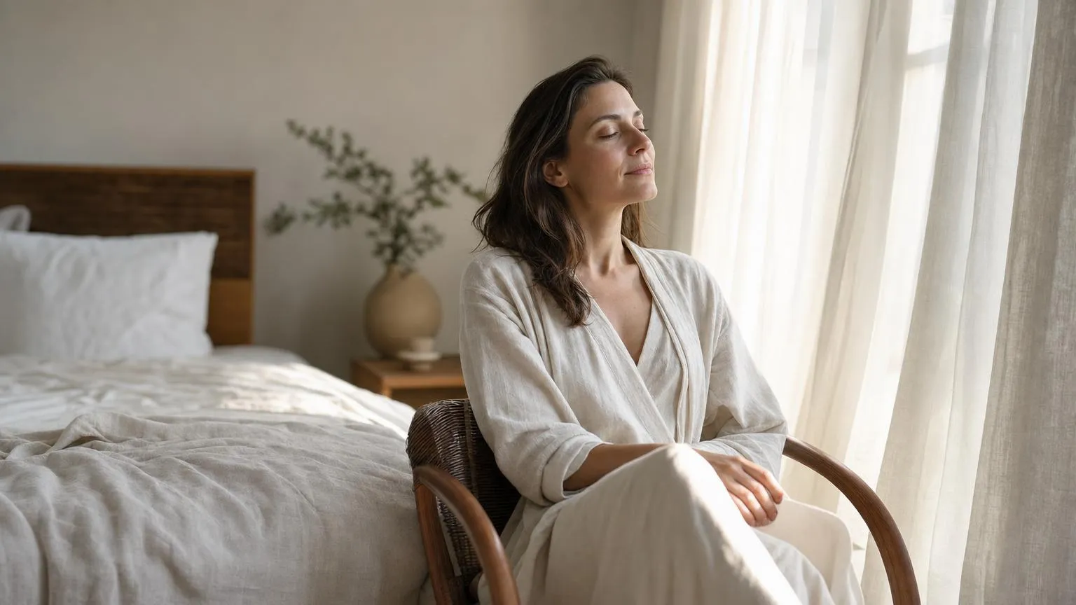 Calm woman in her thirties resting by a bright window in a quiet minimalist room, eyes closed