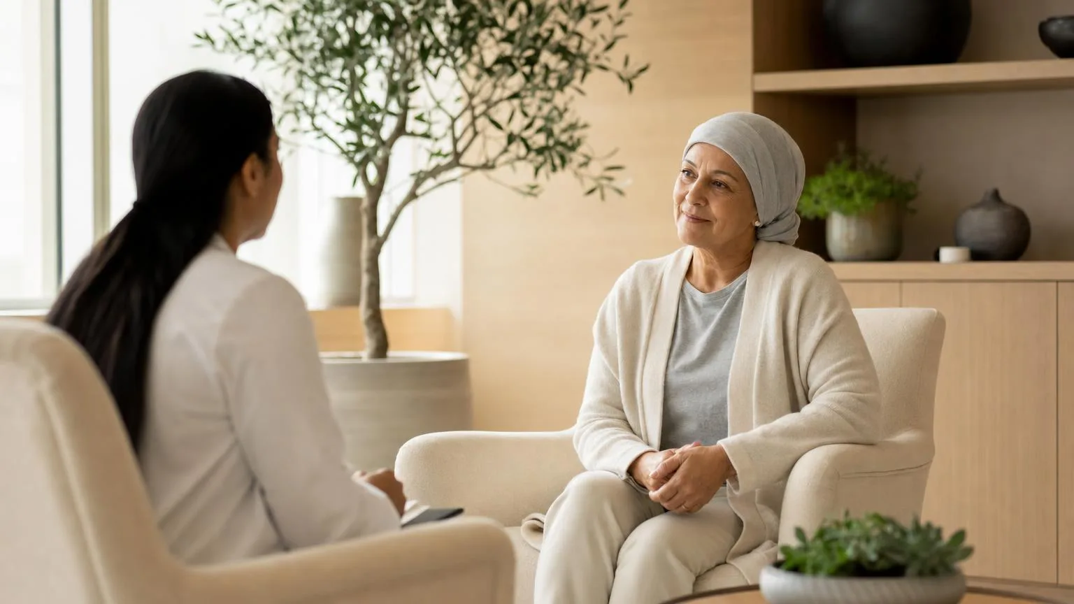 Calm consultation between a patient in a headscarf and a care specialist in a warm clinic lounge