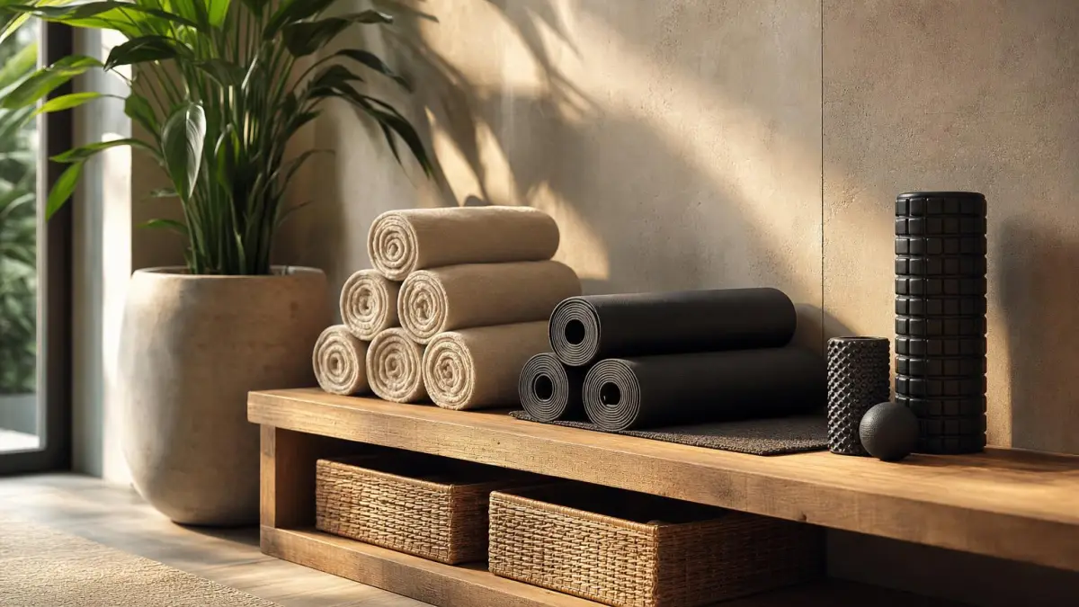 Recovery zone in a premium fitness club: rolled towels, yoga mats and foam rollers on a wooden bench