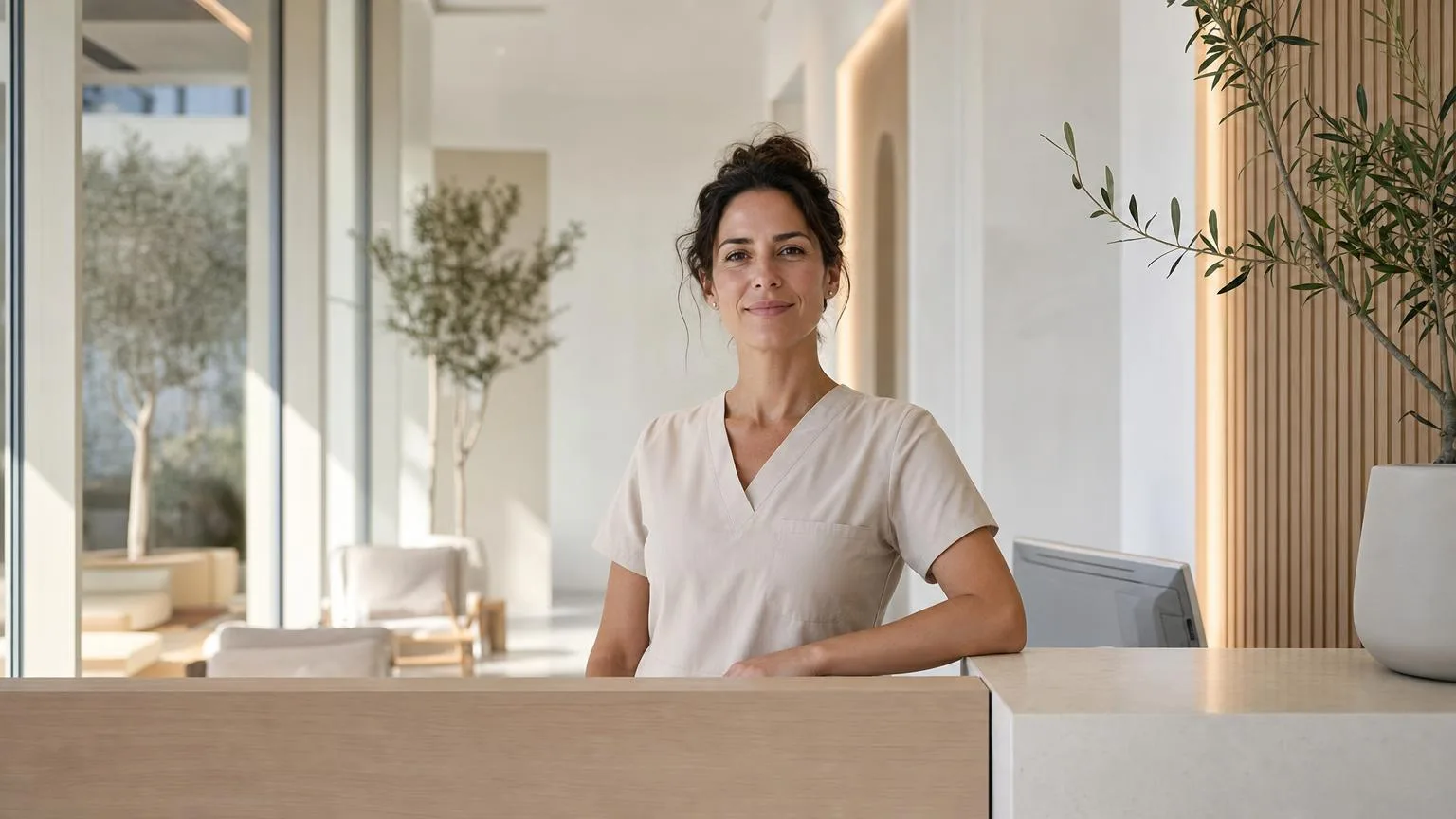 Wellness professional in scrubs standing confidently in a bright minimalist clinic reception at morning