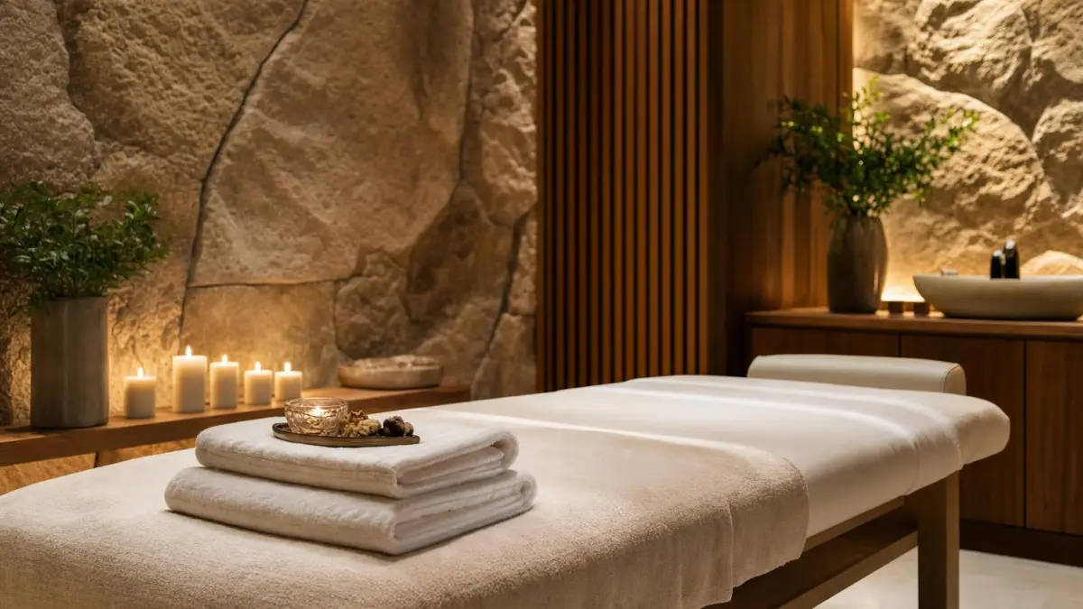 Relaxation lounge in a wellness resort with lounge beds, rolled towels and warm ambient light
