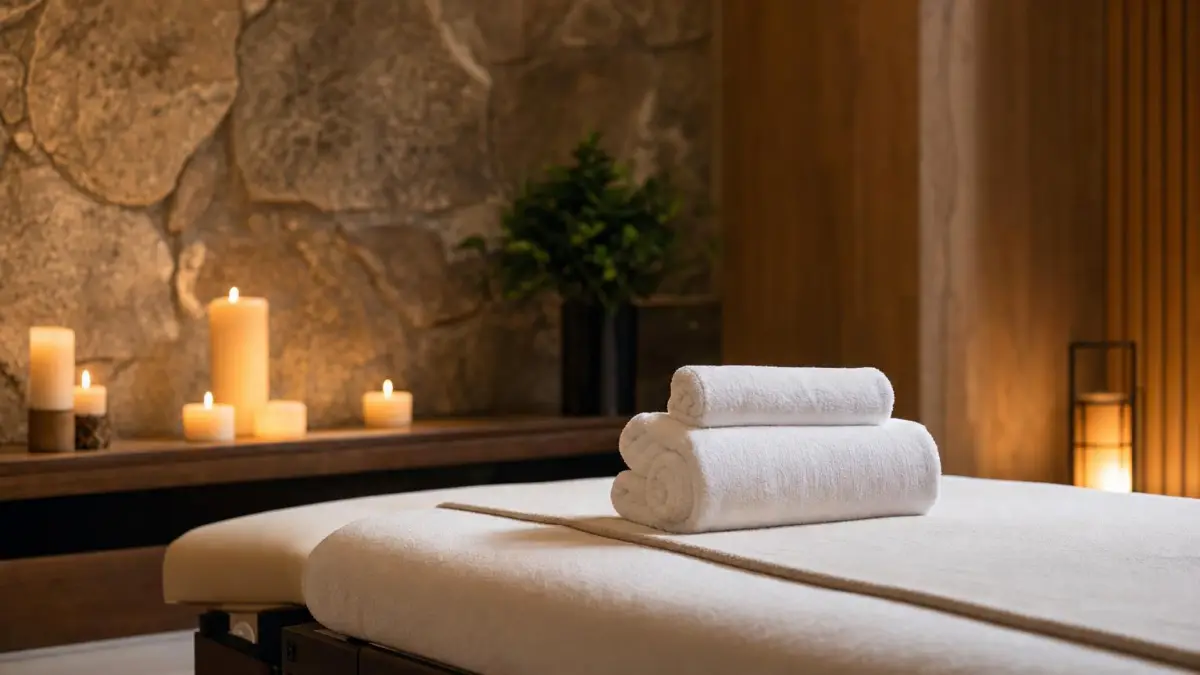 Spa treatment room with a massage table, folded towels and candles by a stone wall