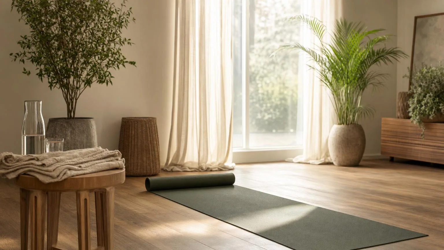 Bright home wellness room interior with a yoga mat, plants, and natural light through large windows