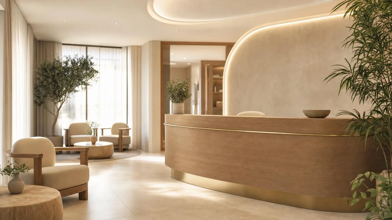 Bright reception lounge of a premium wellness clinic with soft daylight and minimalist furniture