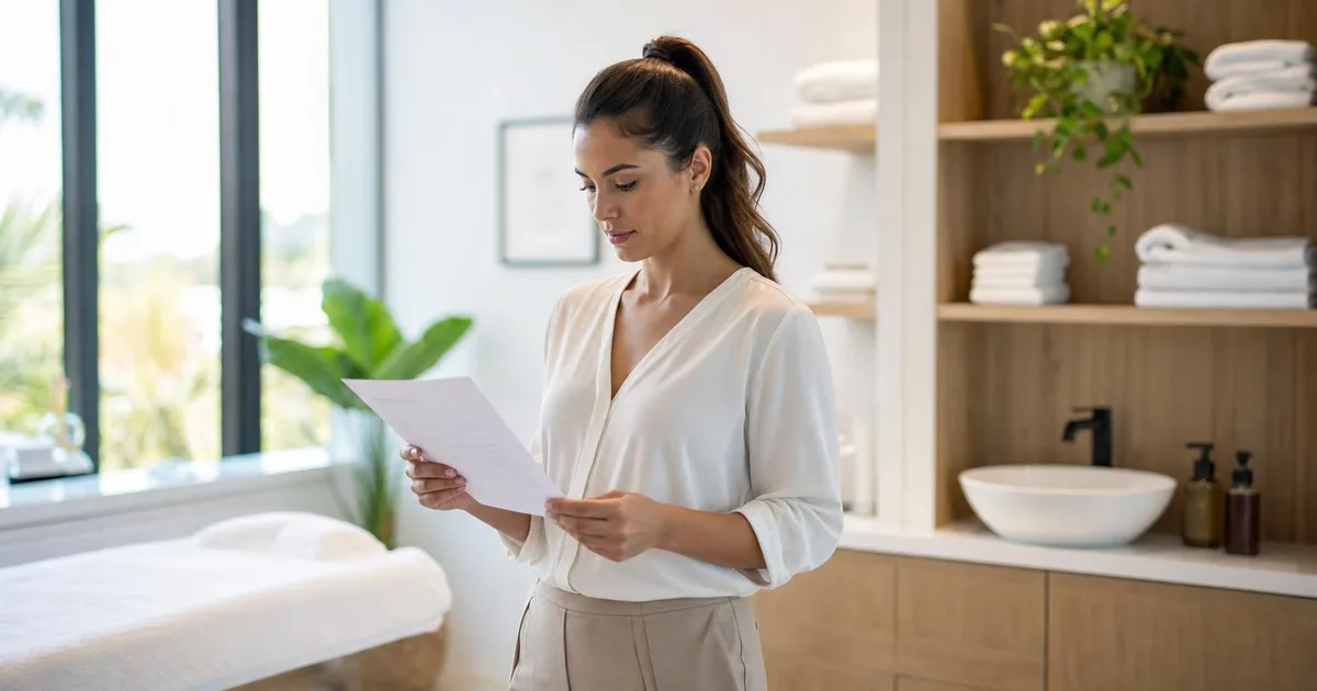 Wellness clinic operator reviewing a paper checklist in a bright modern treatment room with wooden shelves, folded towels, and a wash basin