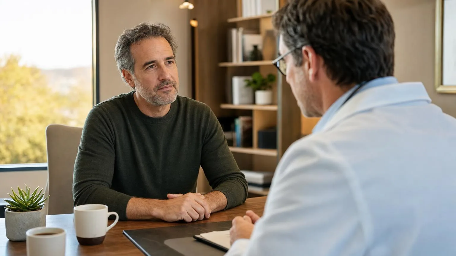 Middle-aged patient in conversation with his physician, seen over the doctor's shoulder in a warm modern medical office