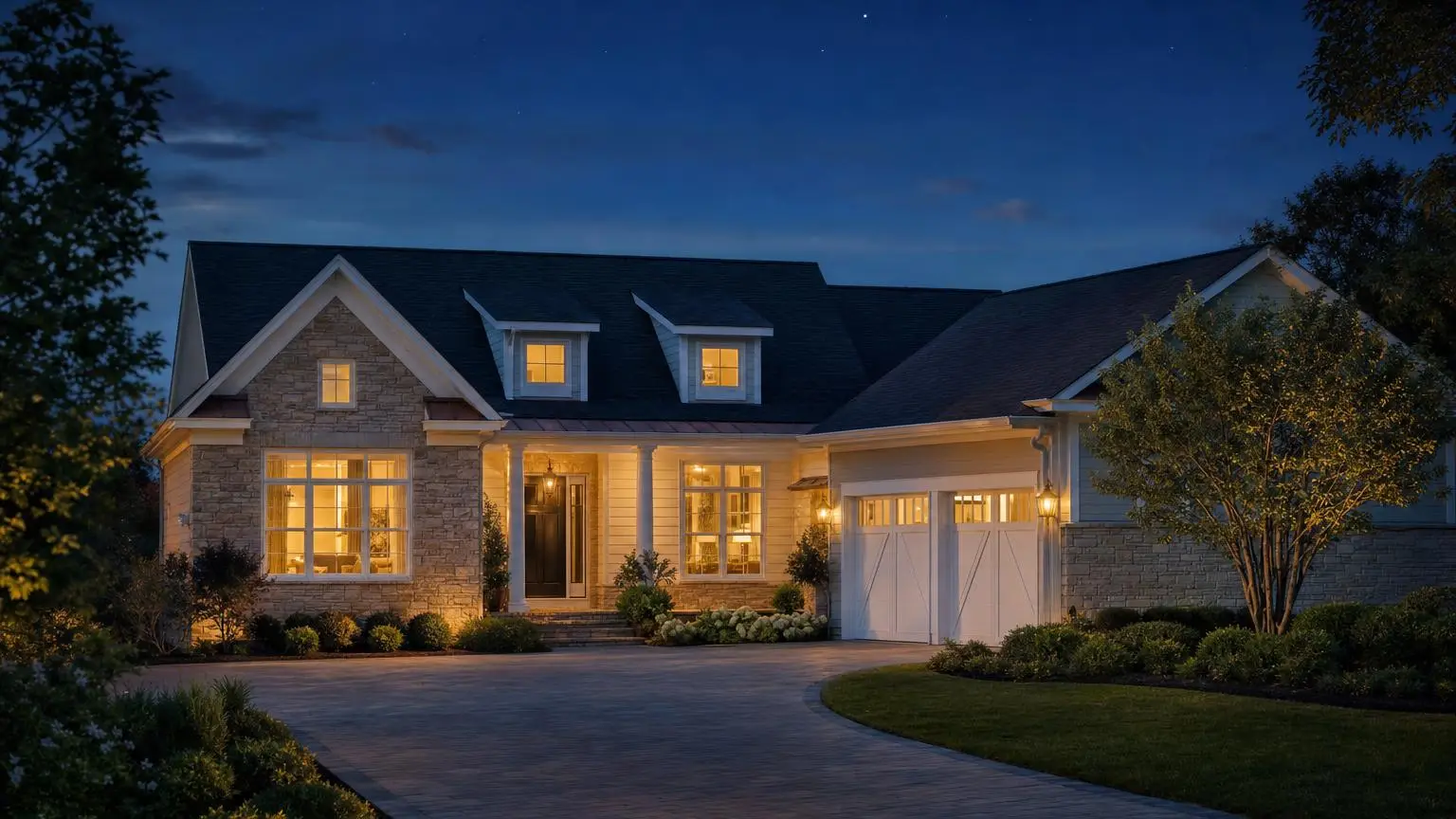 Upscale suburban home with a stone facade at twilight, warm light glowing in the windows