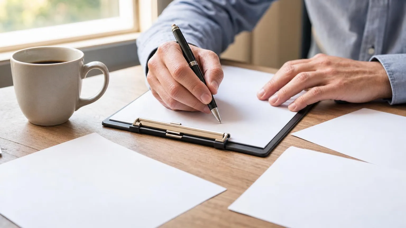 Close-up of hands reviewing an equipment checklist and service documents beside a coffee cup on a wooden desk