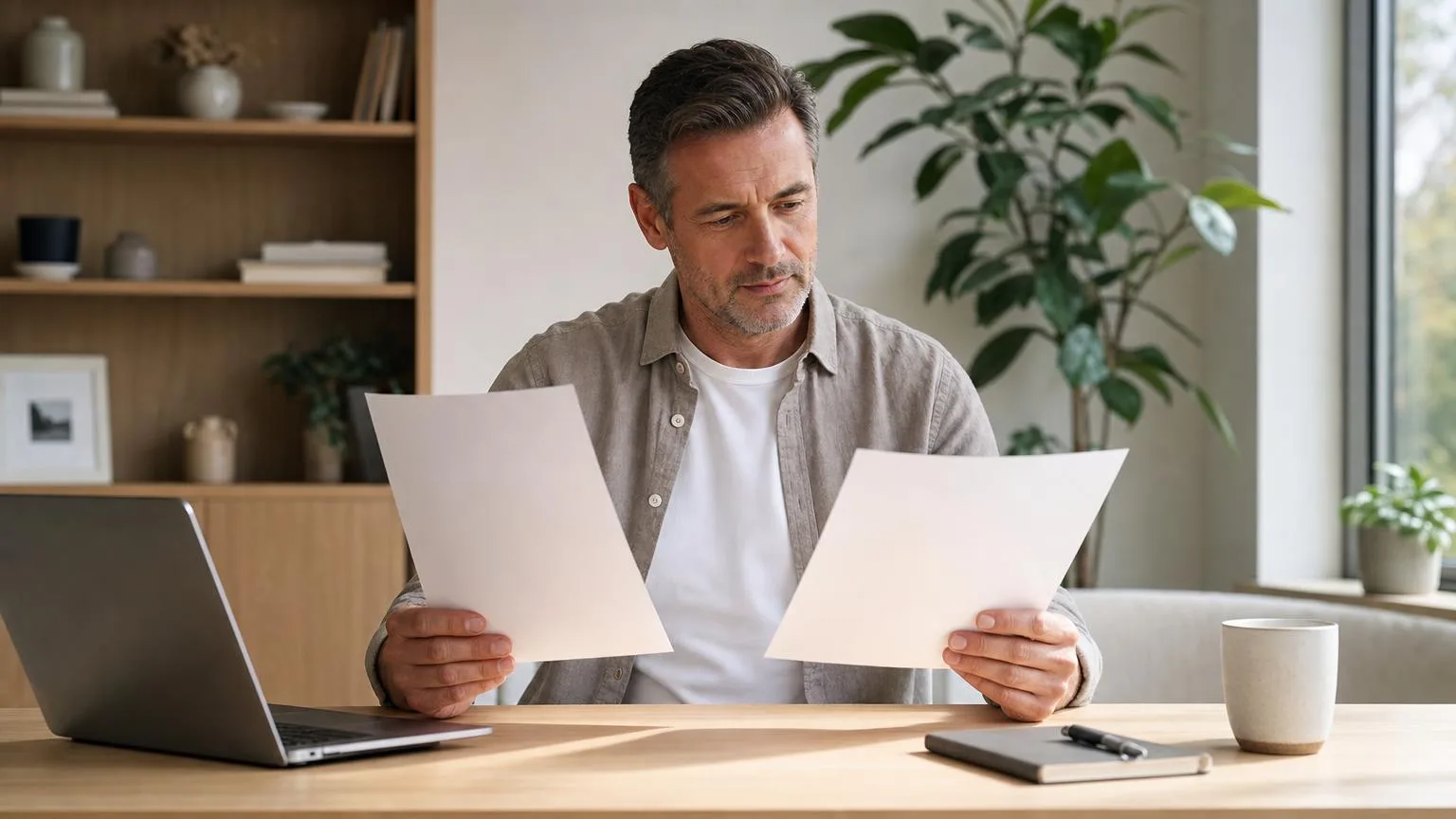 Man comparing equipment documents at a sunlit desk in a premium home interior