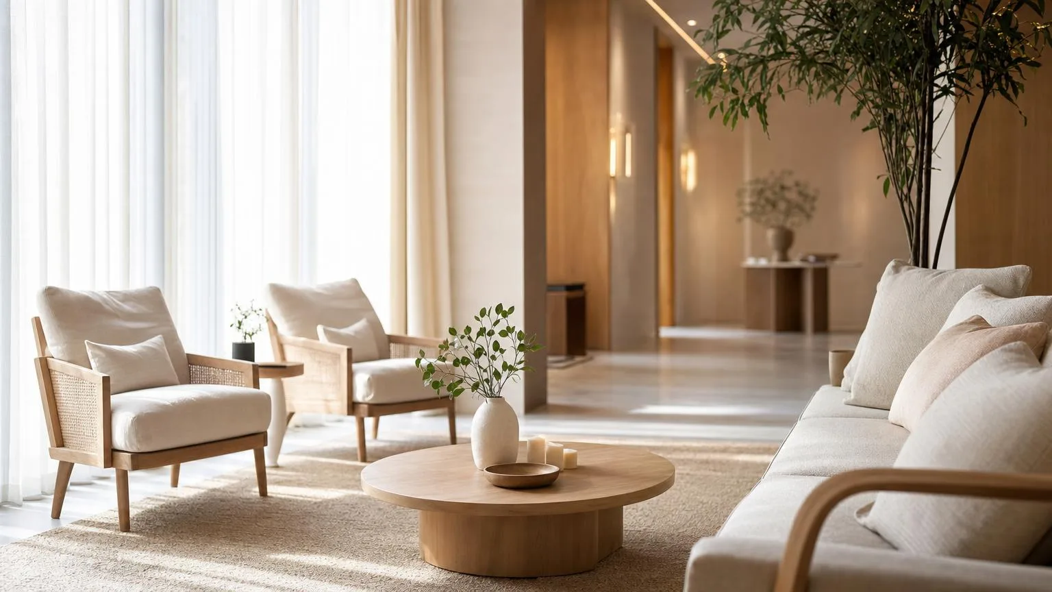Bright modern wellness studio lounge with soft seating, wooden tables, and morning daylight through sheer curtains