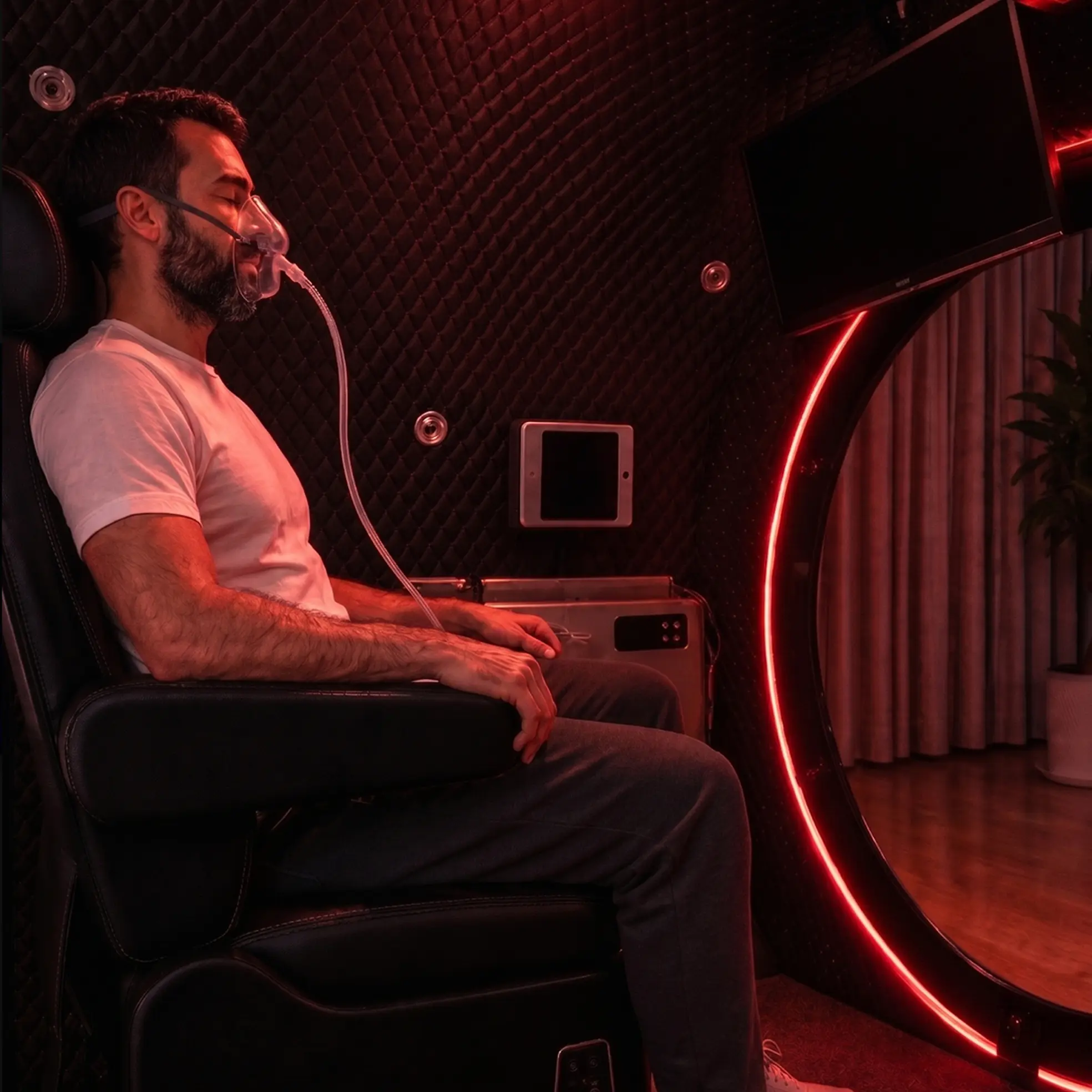 Occupant breathing through the oxygen mask inside the Superhuman X